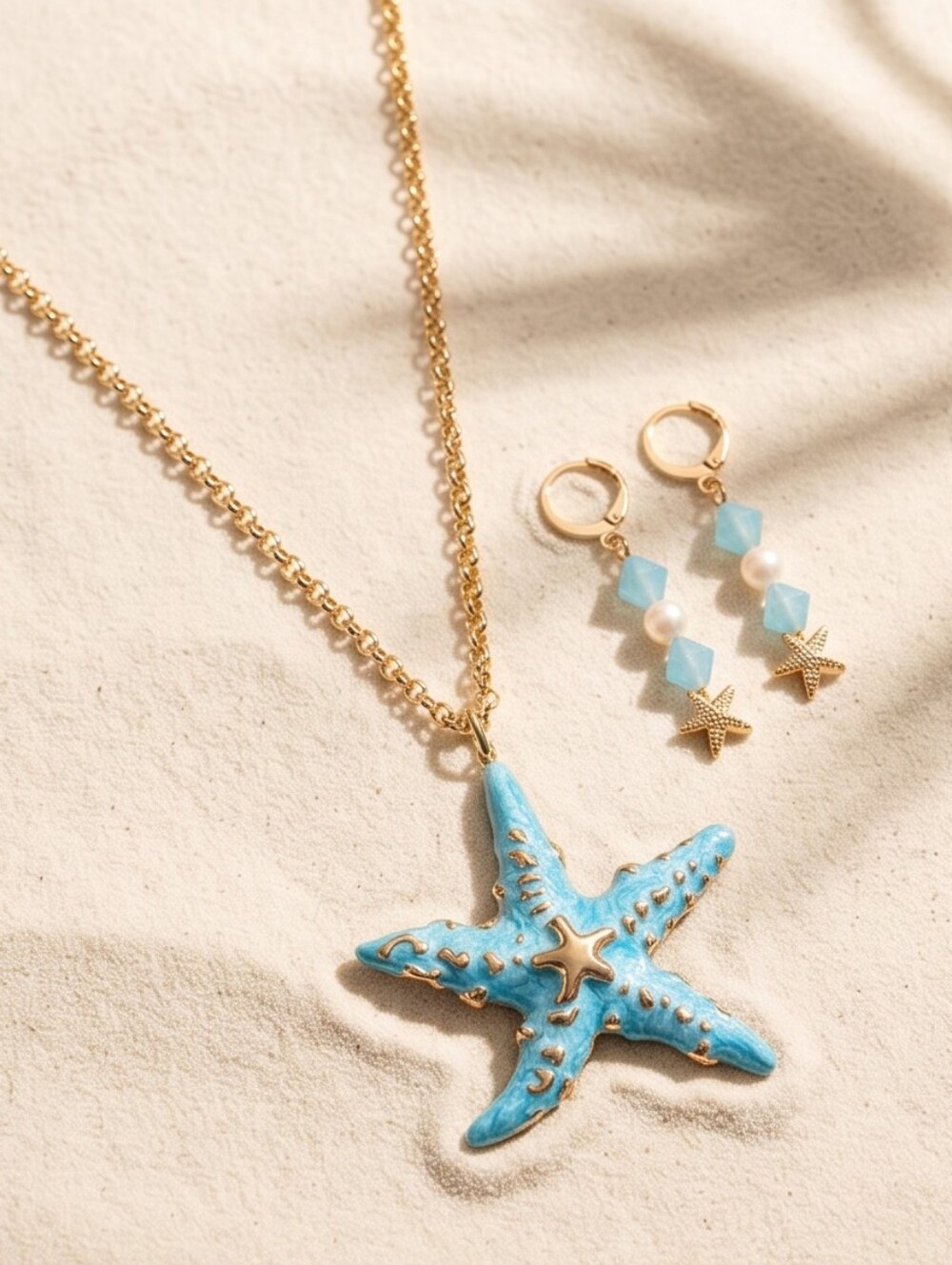 Gold-Tone Stainless Seel Turquoise Starfish Necklace with Matching Drop Earrings